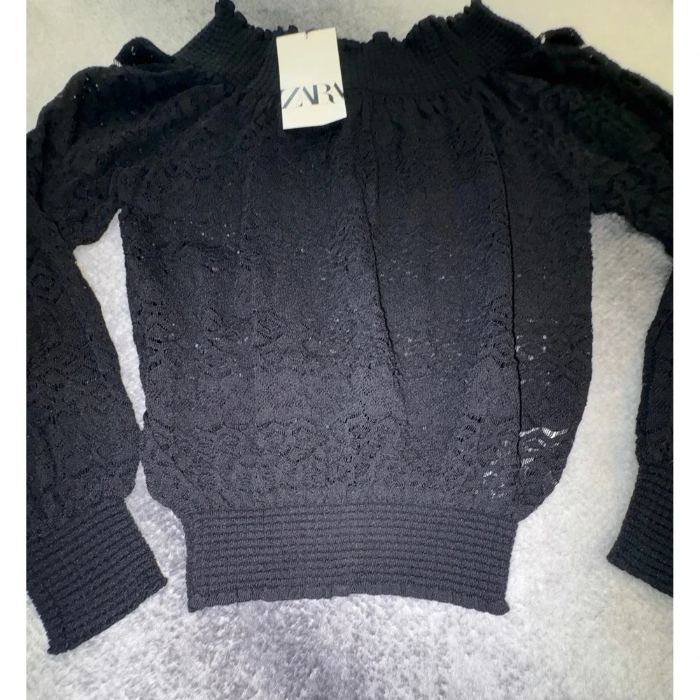 (B6) Zara Black Pointelle Lace Off the Shoulder Smocked Knit Top Small NWT